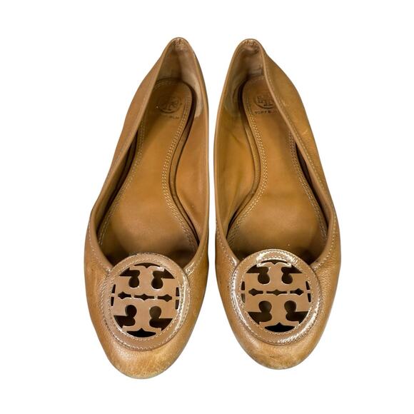 Tory Burch Tan Leather Ballet Flats Logo Round Toe Slip On Shoes Size 8.5 - Picture 3 of 8